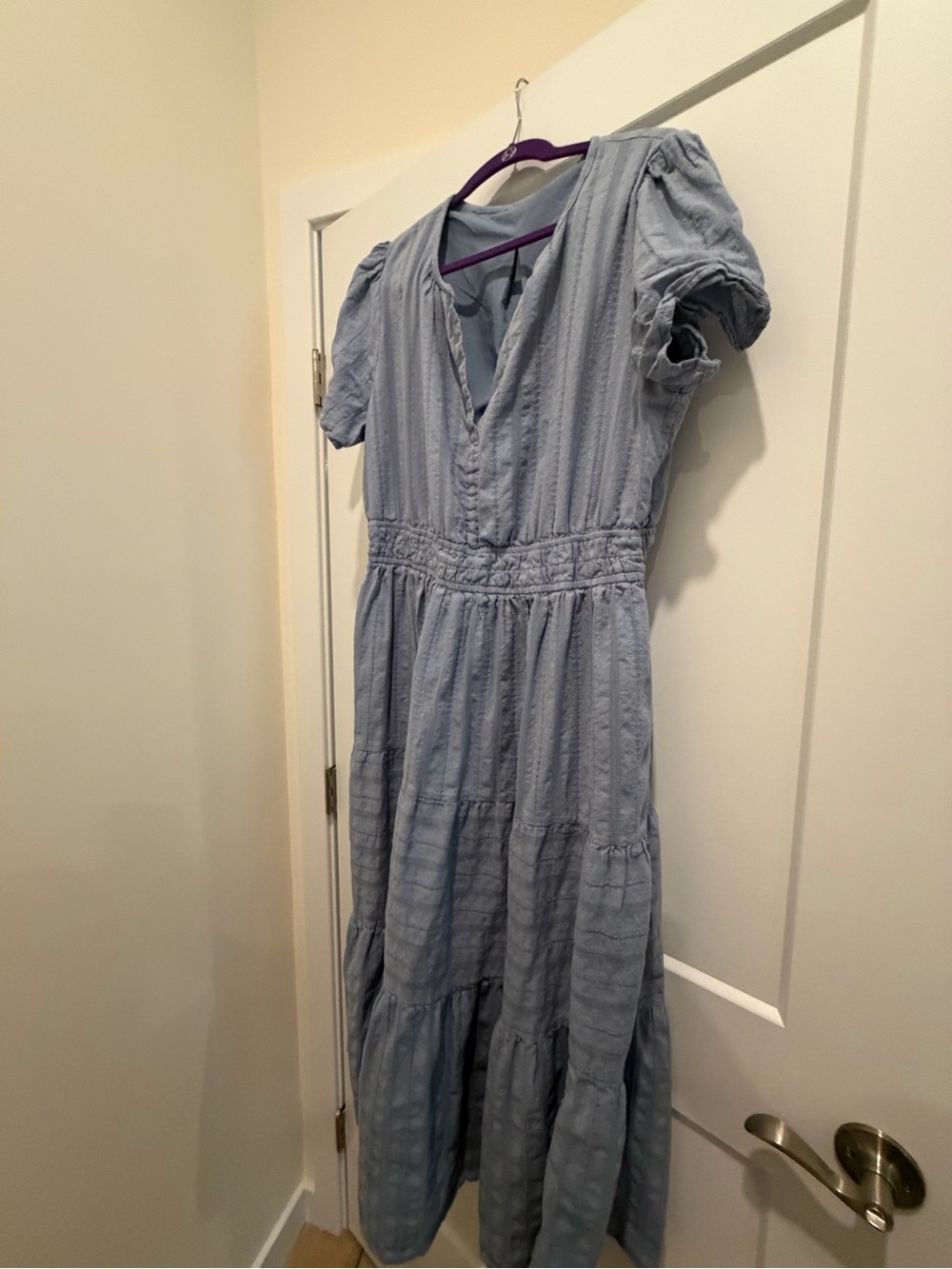 Light Blue V-Neck Tiered Midi Dress with Smocked Waistband